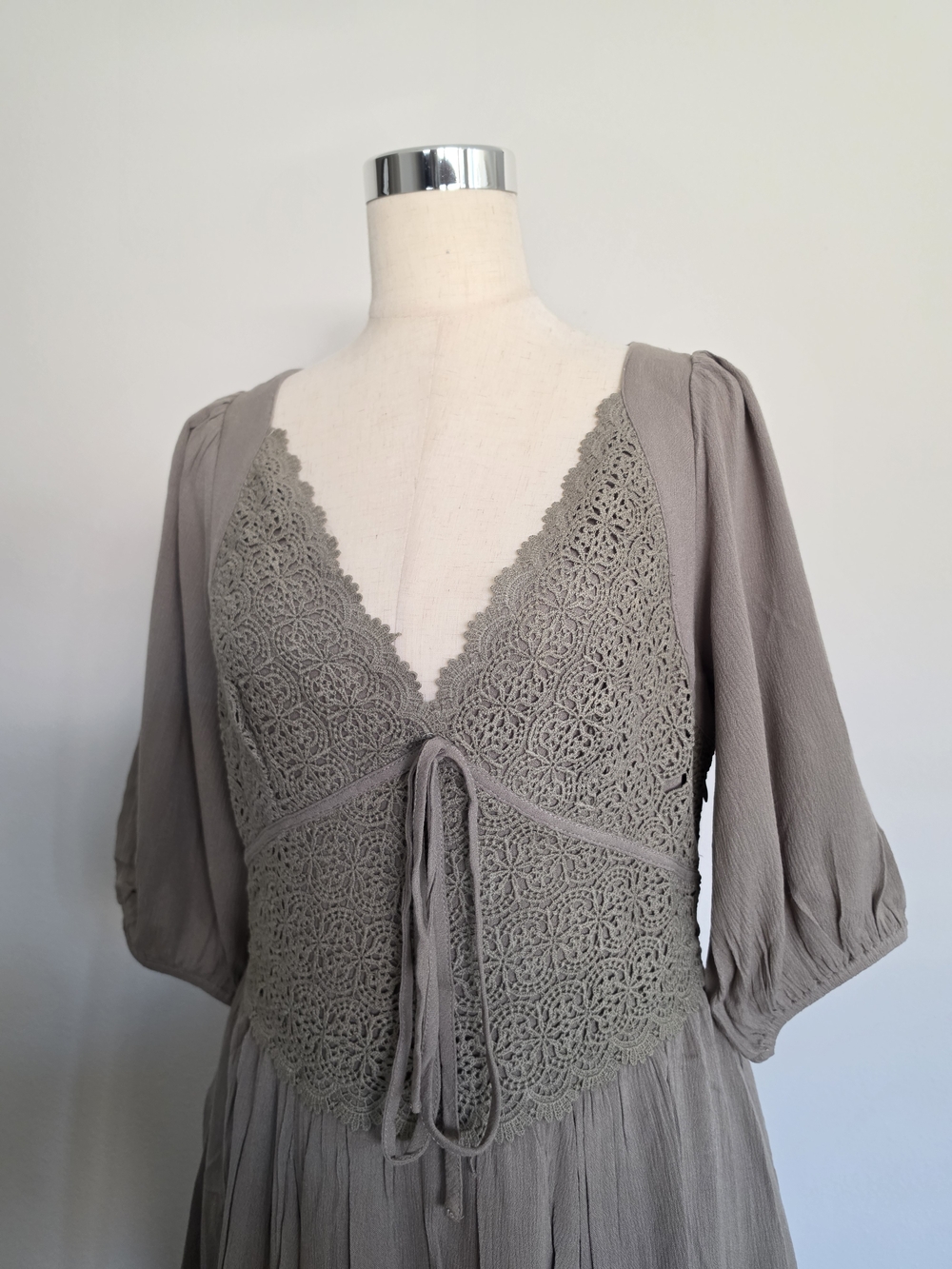 Crochet Bodice Maxi Dress in Olive with Puff Sleeves - Picture 8 of 13